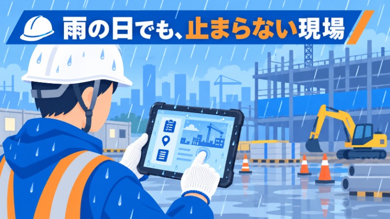 屋外の雨天時に手袋をしたままタブレットを操作する作業員の様子