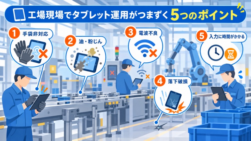 工場でタブレット運用がつまずきやすい5つのポイントを示す図