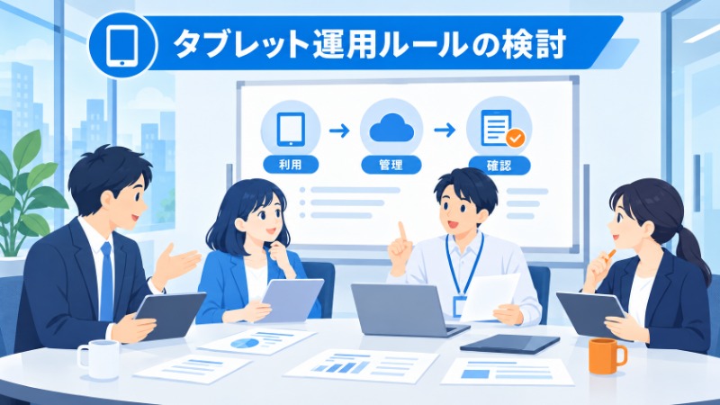 タブレット運用ルールについて話し合う担当者たちの様子