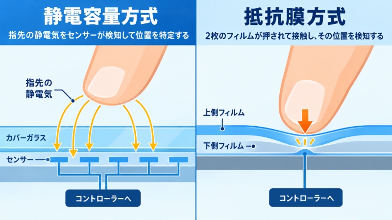 静電容量方式と抵抗膜方式のタッチパネルの検知の仕組みの違いを示す図
