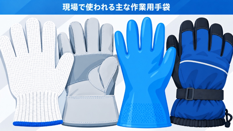 現場で使われる軍手・皮手袋・ゴム手袋・防寒手袋など複数種類の作業用手袋