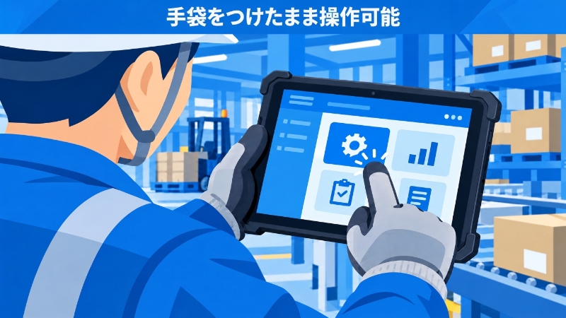 手袋を着用したまま現場でタブレットの動作確認をする作業員
