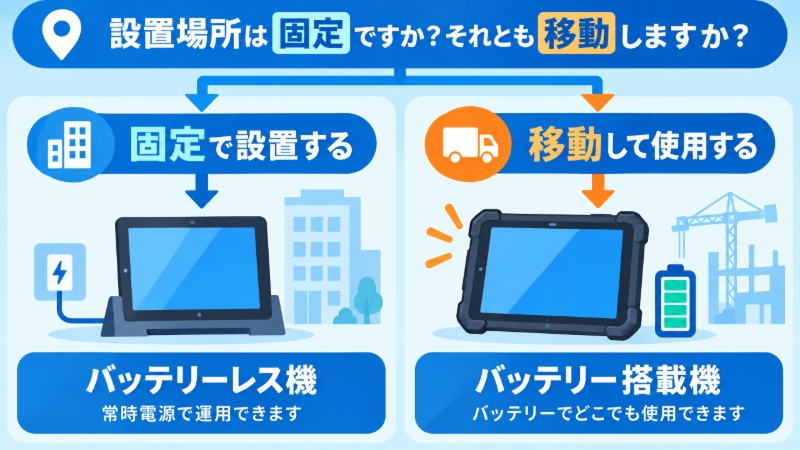 設置場所が固定か移動かでバッテリーレスとバッテリー搭載機を選び分けるフローチャート