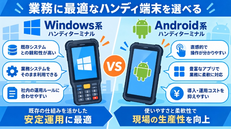 WindowsハンディターミナルとAndroidハンディターミナルの特徴を比較する図