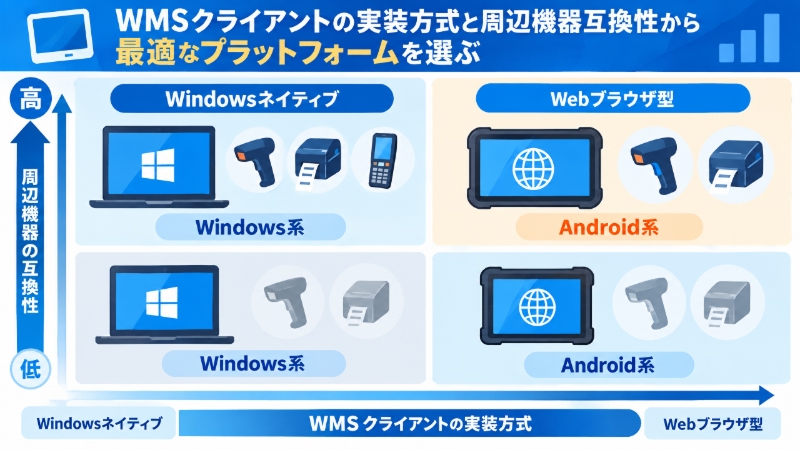 WMSクライアントの実装方式と周辺機器互換性からWindows系・Android系を選ぶマトリクス図
