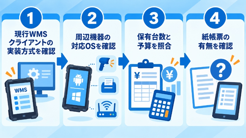 ハンディ端末更新の判断手順4ステップを示すフローチャート