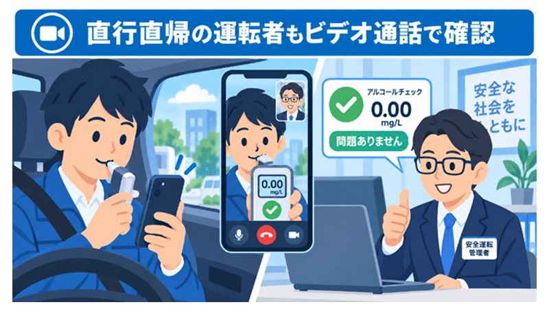直行直帰の運転者がビデオ通話でアルコールチェックの確認を受ける様子