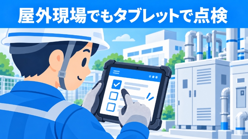 屋外設備点検で耐衝撃タブレットを使用する作業員