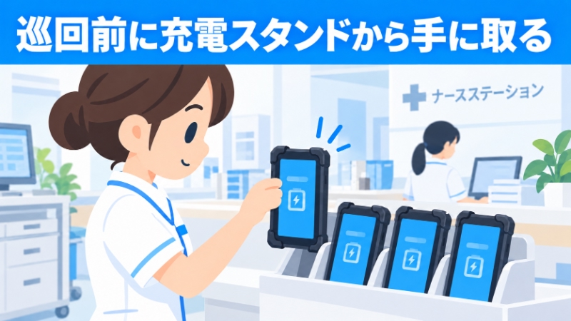 ナースステーションで充電中のタブレットを手に取る看護師