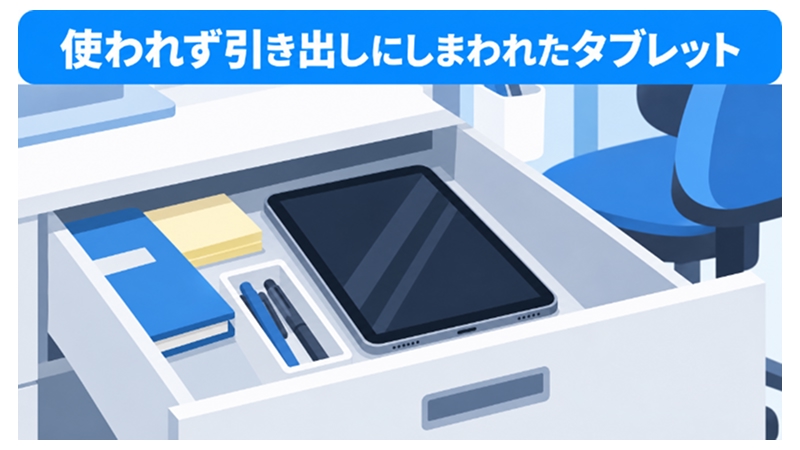 使われずに机の引き出しにしまわれたタブレット