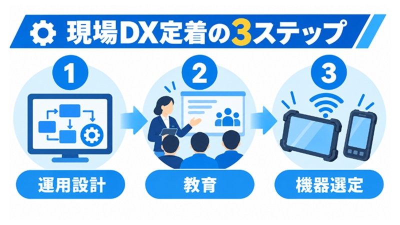 運用設計・教育・機器選定の順番を示すステップ図