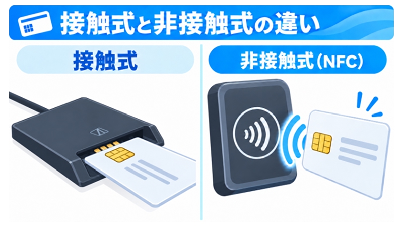 接触式と非接触式のICカードリーダーの読み取り方式の違いを示す図