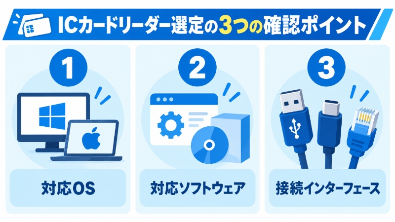 ICカードリーダー選定で確認すべき3つのポイントを示す図