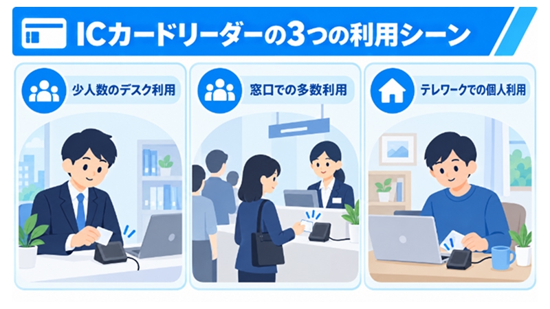 ICカードリーダーの3つの利用シーン(デスク利用・窓口利用・テレワーク利用)を示す図