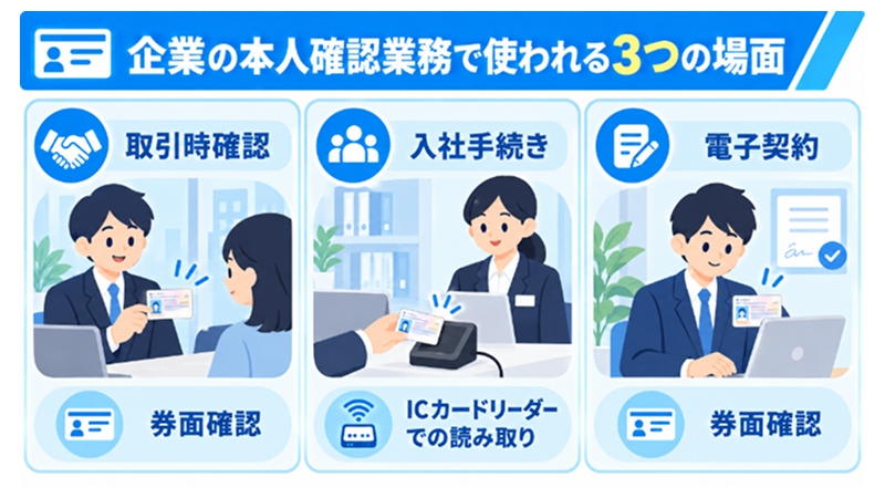 企業の本人確認業務でマイナンバーカードが使われる3つの場面を示す図