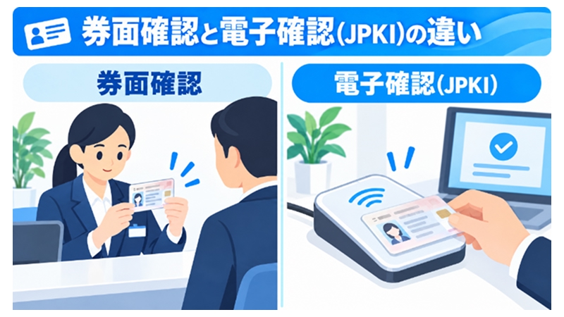 券面確認と電子的な確認(JPKI)の2つの本人確認フローを対比する図