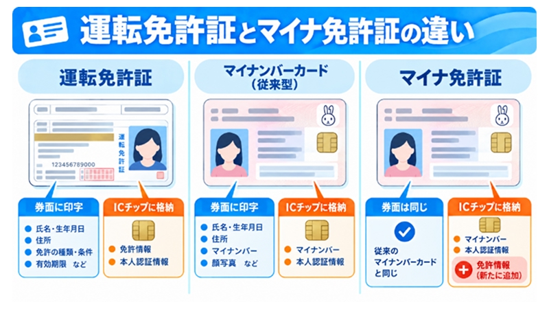 運転免許証とマイナ免許証で券面表示とICチップ格納情報がどう違うかを示す比較図