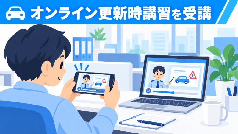 スマートフォンで運転免許のオンライン更新時講習を受講する様子