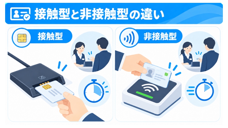 接触型と非接触型ICカードリーダーの操作方法の違いを示す図解