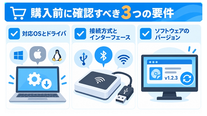 ICカードリーダー選定前に確認すべき3つの要件を示す図解