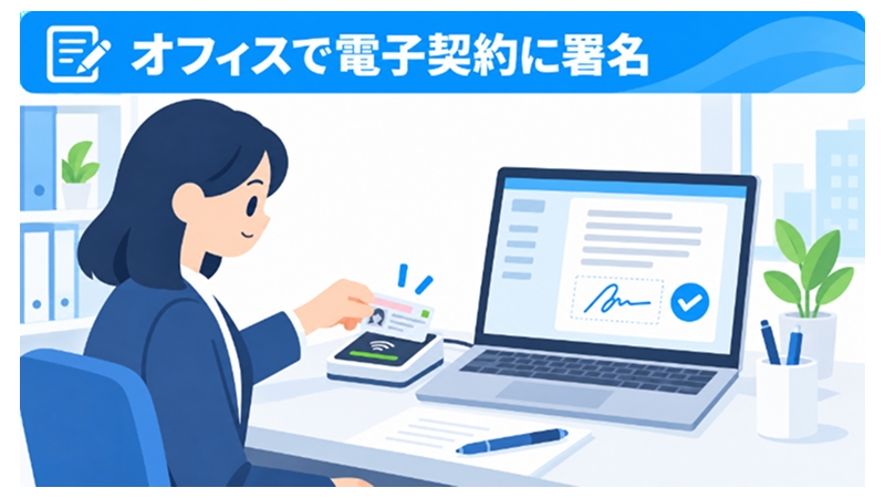 オフィスでICカードリーダーを使い電子契約の署名を行う様子