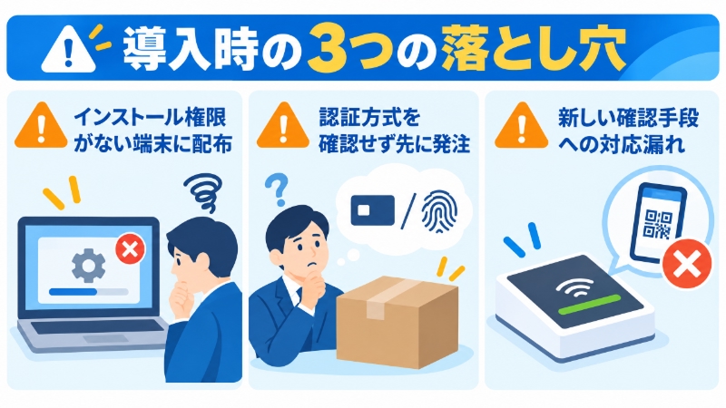 ICカードリーダー導入時によくある3つの落とし穴を示す図解