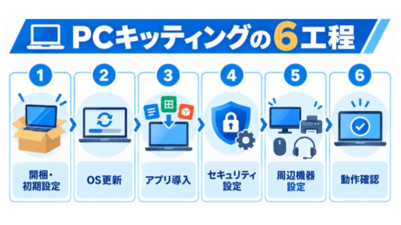 PCキッティングの作業工程を6段階に分解したフロー図