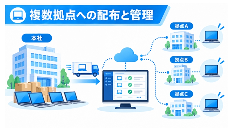 複数拠点へのPC配布とリモート管理の連携を示す図解
