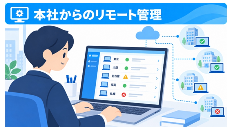 本社の情シス担当者がリモート管理画面で拠点PCを確認している様子