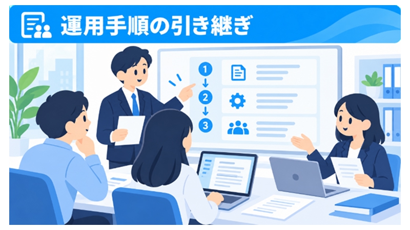 社員同士が運用ドキュメントを見ながら引き継ぎをしている様子