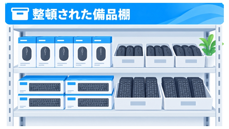 型番を統一した周辺機器が棚に整然と並んでいる様子