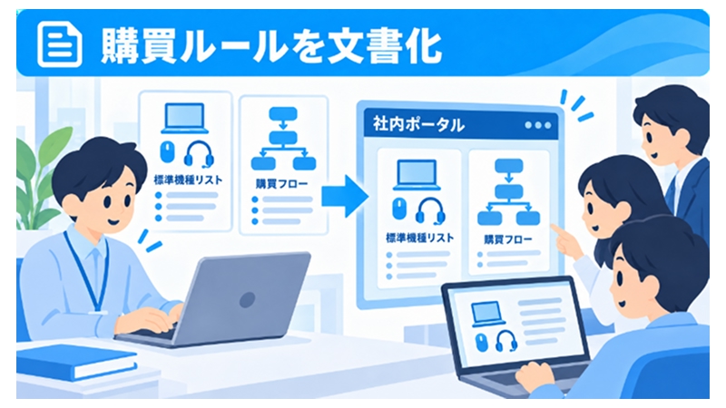 周辺機器の購買ルールを文書化し共有している様子
