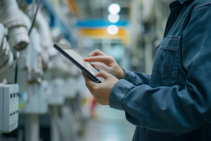 現場でタブレットを操作する作業者の写真