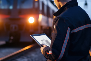 屋外現場でタブレットを操作する作業者の写真