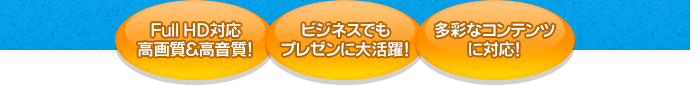 Full HD対応 高画質＆高音質！／ビジネスでもプレゼンに大活躍！／多彩なコンテンツに対応！