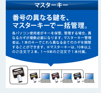 【マスターキー】番号の異なる鍵を、マスターキーで一括管理。　各パソコン使用者がキーを保管。管理する場合、異なるカギが複数必要になります。マスターキー管理者は、１本のキーでこれら異なる全てのカギを開閉することができます。※マスターキーは、10本以上のご注文で２本、１～9本のご注文で１本付属。
