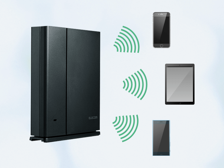 エレコムのWi-Fiルーターが複数の機器と高速安定通信ができることを表す図