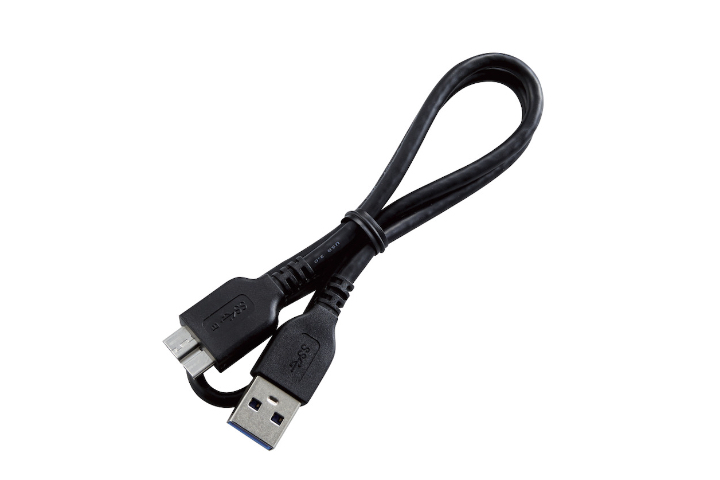 幅広いパソコンで使用できるUSB3.2(Gen1) TypeA-microB(USB3.1(Gen1)/USB3.0/2.0互換)ケーブルが付属