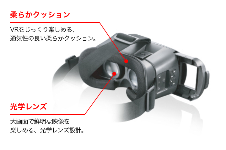 目元部分には、柔らかで通気性の良いクッション素材を採用 大画面で鮮明な映像を楽しめる、光学レンズ設計。