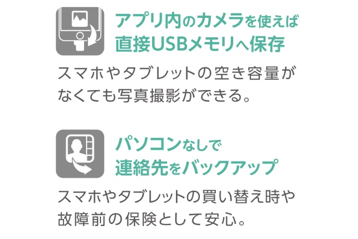 アプリ内のカメラ機能を使用することで、直接USBメモリーに写真を保存できる。パソコンなしで連絡先をバックアップできる。