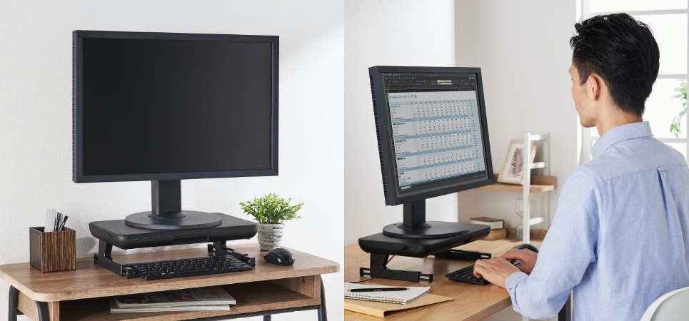 高さを出して机スッキリ、姿勢改善！USBポート付きで充電もできるモニター台を新発売