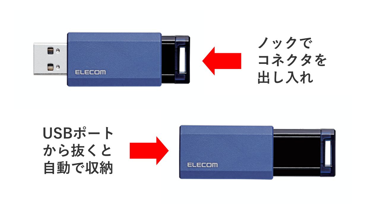 ノックでコネクターを出し入れ　UBSポートから抜くと自動で収納