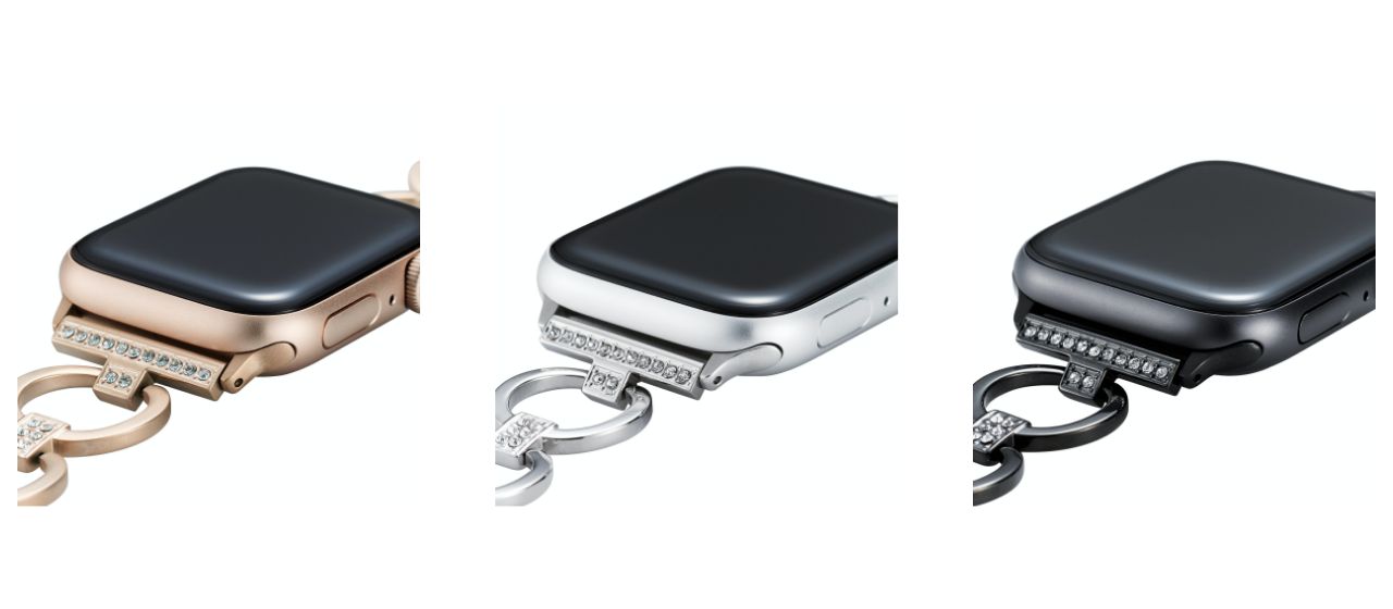 輪がつながっているようなデザインにラインストーンをあしらったApple Watch Series 7 [41mm]、Apple Watch SE、Series 6、5、4 [40mm]、Apple Watch Series 3、2、1 [38mm]または、Apple Watch Series 7 [45mm]、Apple Watch SE、Series 6、5、4 [44mm]、Apple Watch Series 3、2、1 [42mm]用ステンレスチェーンバンドです。
