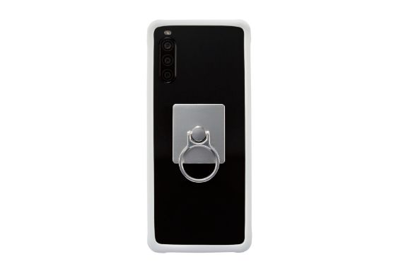 シリコンバンパーのカラーに合わせたスマホリング付き。スマホリングは、スマートフォンの背面に貼り付けて落下を防ぎます。