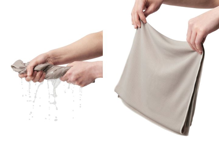 付属のクールタオルは水に濡らして絞って振るだけでひんやりと冷たくなります。ひんやり感が薄れても水分が残っている間は、また振るだけで冷感がよみがえります。