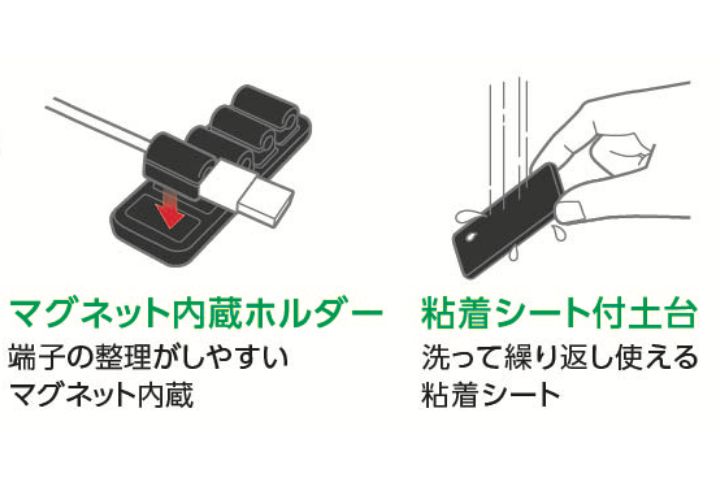 天板素材に合わせて選べる、マグネットと粘着シートの2種類の固定方式