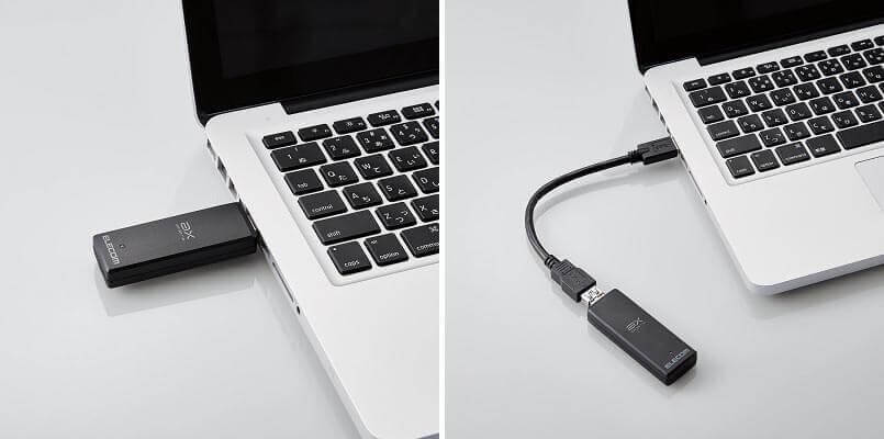 パソコンのポートなどに直挿し可能。延長ケーブルも付属