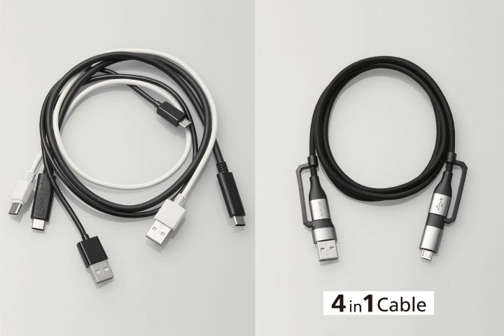 機器に合わせてコネクターを付け替えられる4in1 USBケーブルです。データ転送や充電のために機器のコネクターに合わせて複数のケーブルを用意する煩わしさを解消できます
