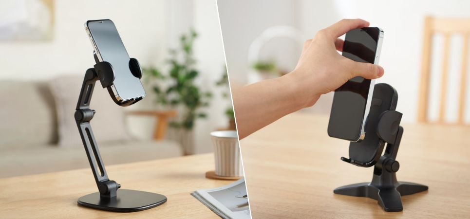 片手でスマートフォンを取り外しできる！スマートフォン用卓上スタンド 目線の高さで使用できるモデルなど2種を新発売