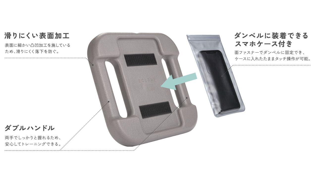 ダンベルに装着できるスマートフォンケース付き！